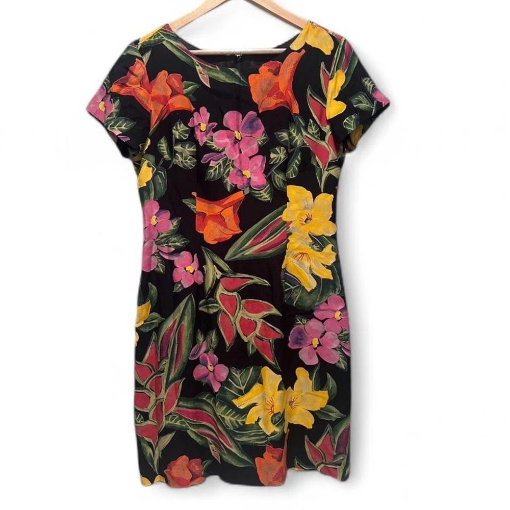 Vintage 90s Tropical Floral Rayon Mini Dress Black Bold Print Size Medium